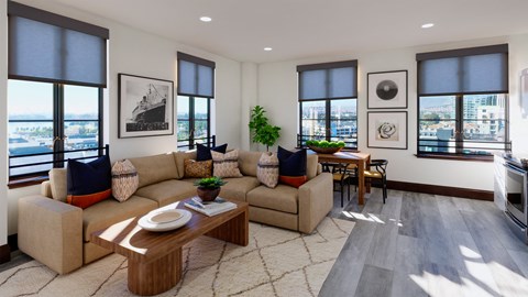 a living room with a couch and a table